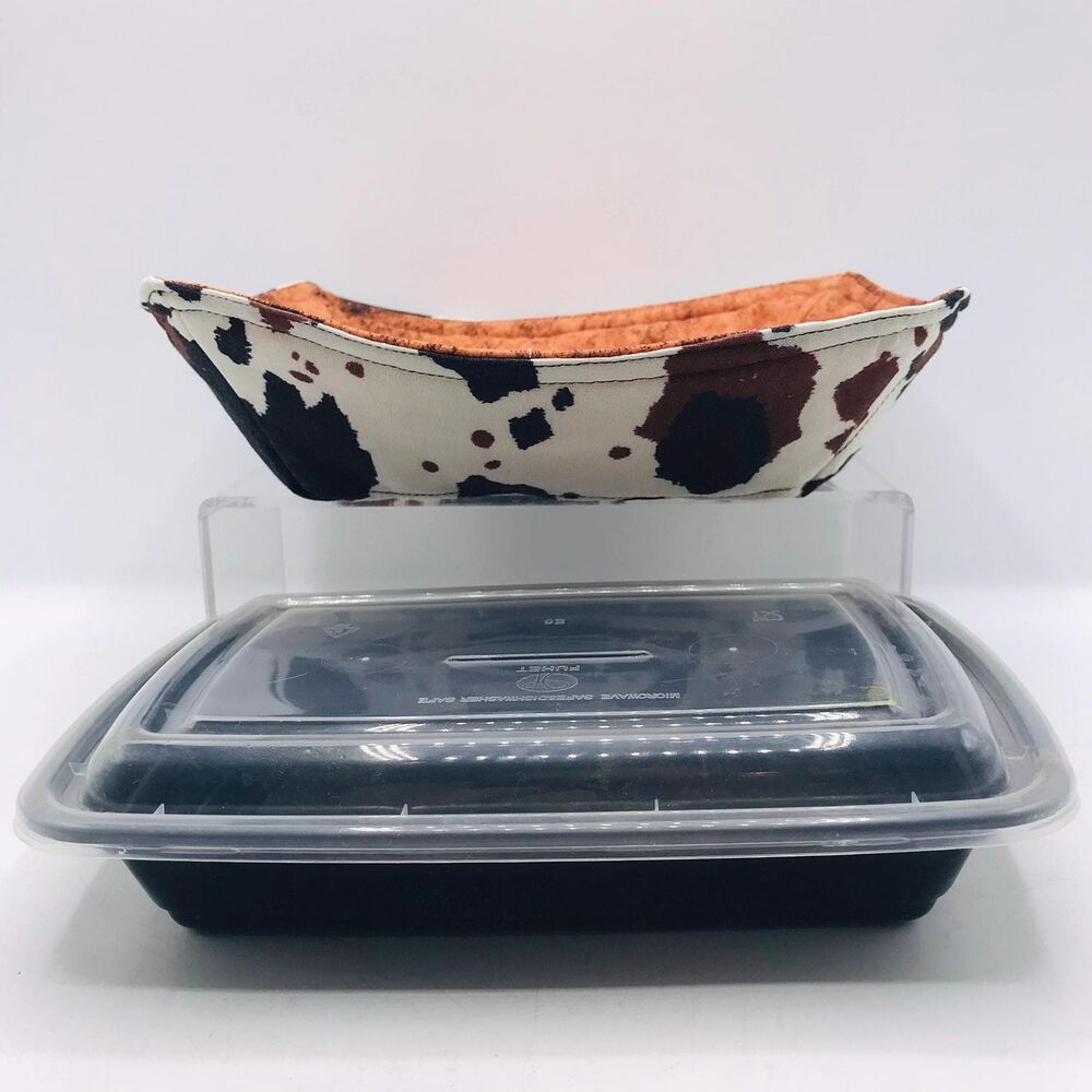 Reversible Microwave Cozie For Takeout Containers Farmhouse Cow Hide Print